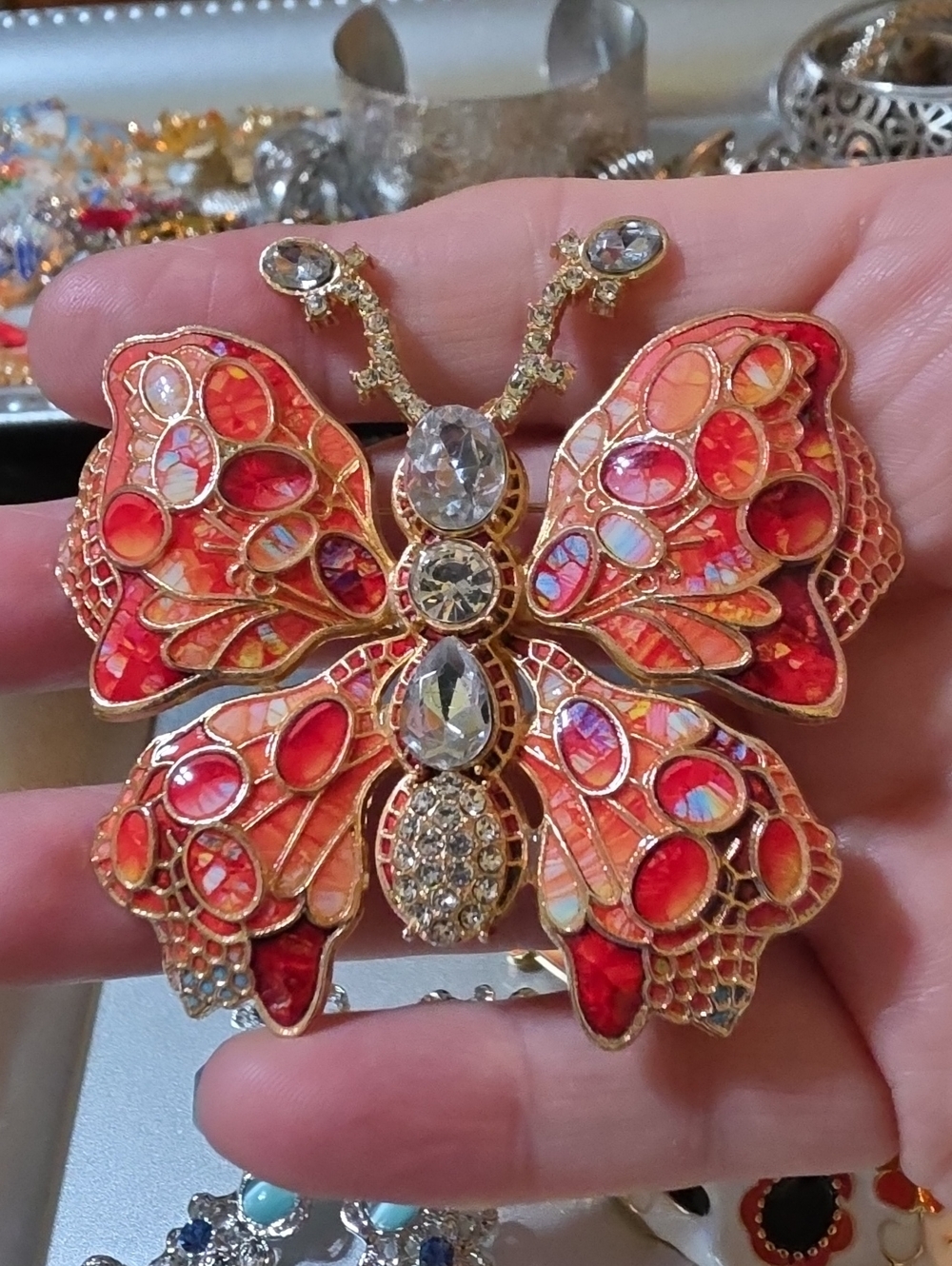A41- Gorgeous Orange Butterfly Brooch with Crystal Accents
